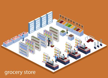 İzometrik 3d illüstrasyon kavramı bakkallar alıcı ve kasa ile vektör 