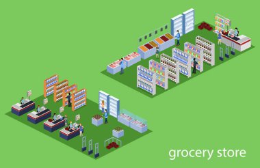 İzometrik 3d illüstrasyon kavramı bakkallar alıcı ve kasiyer ile vektör