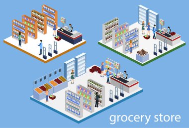 İzometrik 3d illüstrasyon kavramı bakkallar alıcı ve kasiyer ile vektör