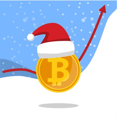Kripto Döviz Alım bitcoin yukarı ok ile Santa Claus şapka ile düz vektör çizim 