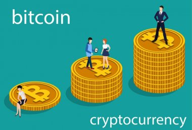 İzometrik 3d Kripto Döviz Alım bitcoins insanlarla illüstrasyon kavramı vektör