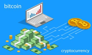 İzometrik 3d Kripto Döviz Alım bitcoins ve dizüstü bilgisayar, elektronik alışverişi kavramı çizimi vektör 