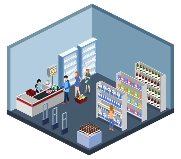 Isometrische Vektor Illustration Konzept Eines Lebensmittelgeschäfts Mit Käufern Und Kassierern — Stockvektor