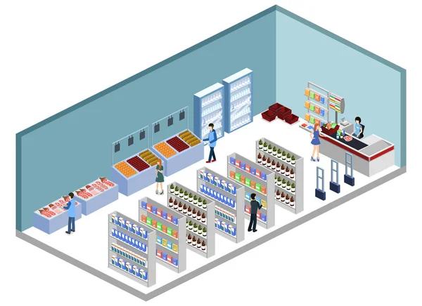 Изометрическая Концепция Трехмерной Векторной Иллюстрации Продуктового Магазина Покупателями Кассиром — стоковый вектор