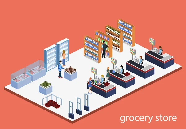 Izometrické Vektorové Ilustrace Koncept Obchodu Potravinami Odběrateli Pokladní — Stockový vektor