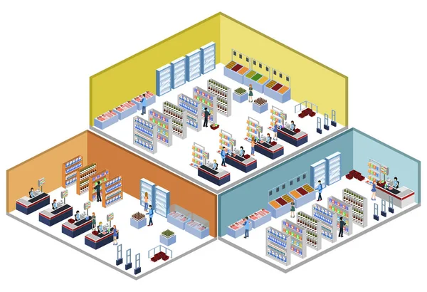 Isometrisk Vektor Illustration Begreppet Livsmedelsbutik Med Köpare Och Kassan — Stock vektor