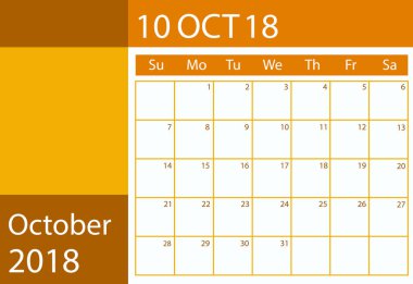 Zamanlayıcı takvim yıl 2018. Vektör düz tasarımı. Ekim ay