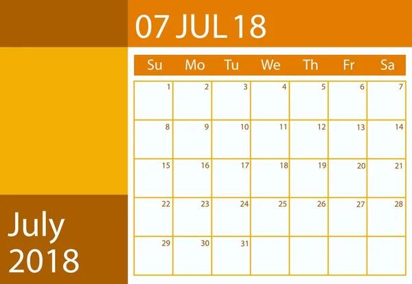 Zamanlayıcı Takvim Yıl 2018 Vektör Düz Tasarımı Temmuz — Stok Vektör