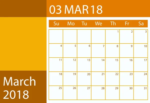 Χρονοδιάγραμμα Ημερολόγιο Για Έτος 2018 Διάνυσμα Επίπεδη Σχεδίαση Μηνός Μαρτίου — Διανυσματικό Αρχείο