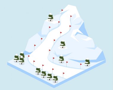 İzometrik 3d resimde Kayak Merkezi dağda bir teleferik ile vektör