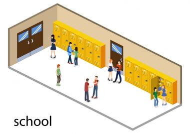 İzometrik 3d öğrenciler okul koridorunda sınıfına git illüstrasyon vektör