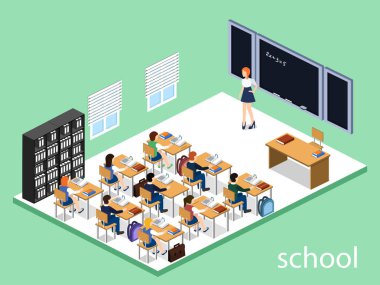 İzometrik 3d illüstrasyon iç sınıf okul öğrencileri ile vektör