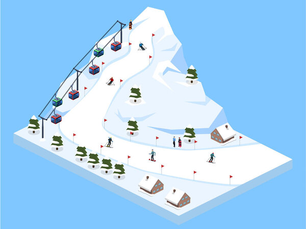 Isometric 3D vector illustration ski resort with a cable car on the mountain