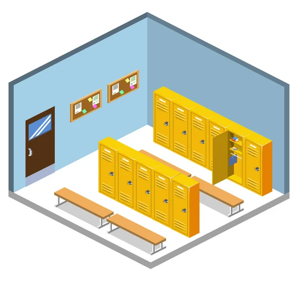 Izometryczny Wektor Ilustracja Wnętrze Garderoba Szkole Uczniami — Wektor stockowy