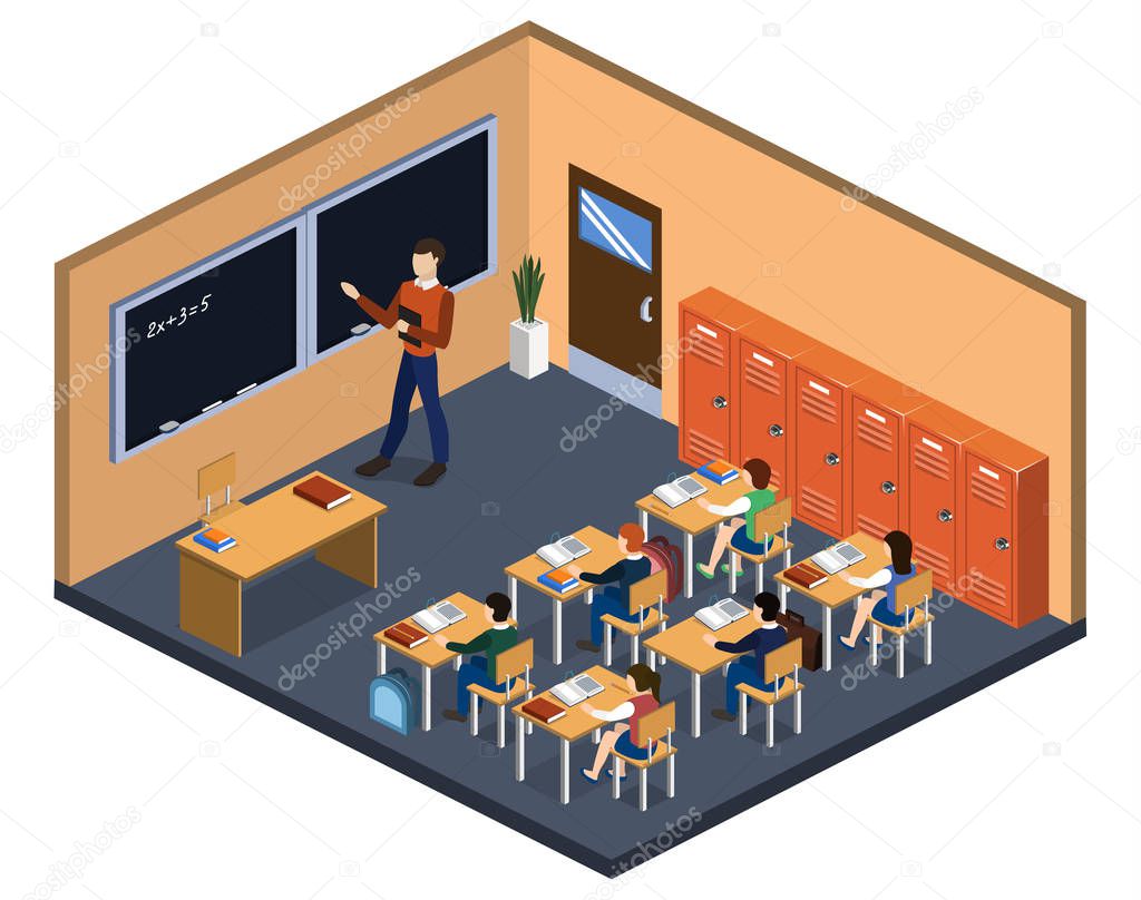 Isometric 3D vector illustration Interior class in school with students