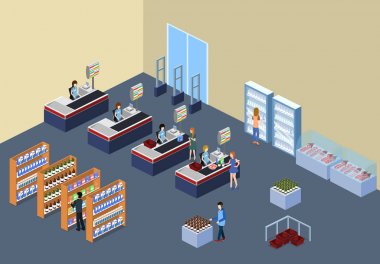vektör çizim tasarım bir bakkal alıcı ve kasiyer ile 3d izometrik kavramının