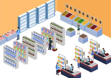 vektör çizim tasarım bir bakkal alıcı ve kasiyer ile 3d izometrik kavramının