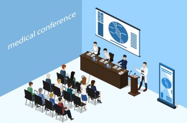 İzometrik 3d illüstrasyon kavramı rapor öğrencileri ile tıbbi bir konferansta vektör