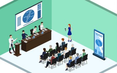 İzometrik 3d illüstrasyon kavramı rapor öğrencileri ile tıbbi bir konferansta vektör
