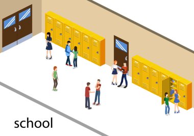 İzometrik 3d öğrenciler okul koridorunda sınıfına git illüstrasyon vektör