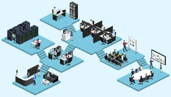 Isométrico Vetor Ilustração Plana Escritório Interiores Departamentos Conceito Vetor —  Vetores de Stock