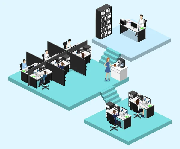 Isométrico Vetor Ilustração Plana Escritório Interiores Departamentos Conceito Vetor — Vetor de Stock