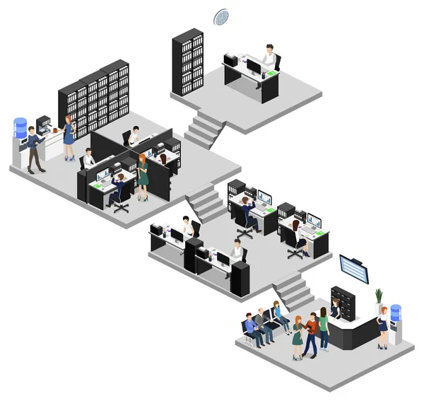 Isometrischer Vektor Illustration Flache Büro Interieur Abteilungen Konzept Vektor — Stockvektor