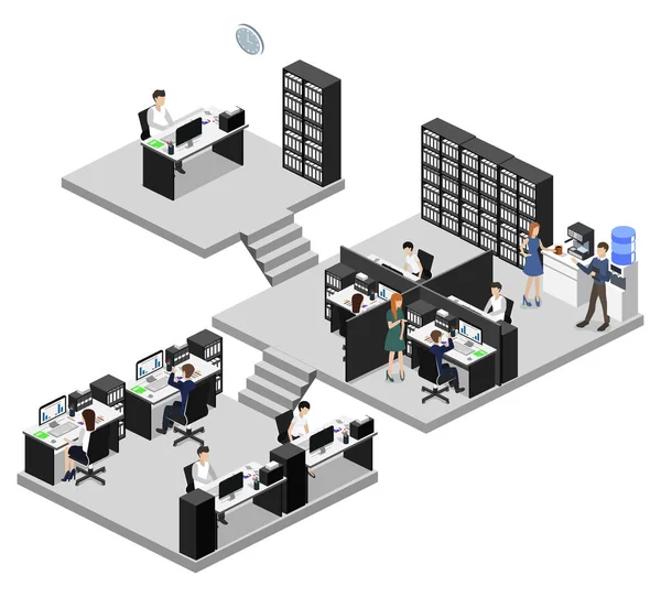 Isométrico Vetor Ilustração Plana Escritório Interiores Departamentos Conceito Vetor — Vetor de Stock