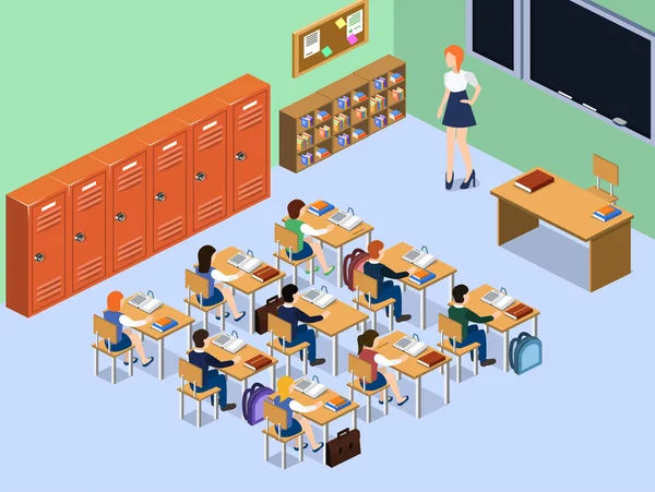 Ισομετρικές Διανυσματικά Εικονογράφηση Εσωτερική Τάξη Στο Σχολείο Μαθητές — Διανυσματικό Αρχείο