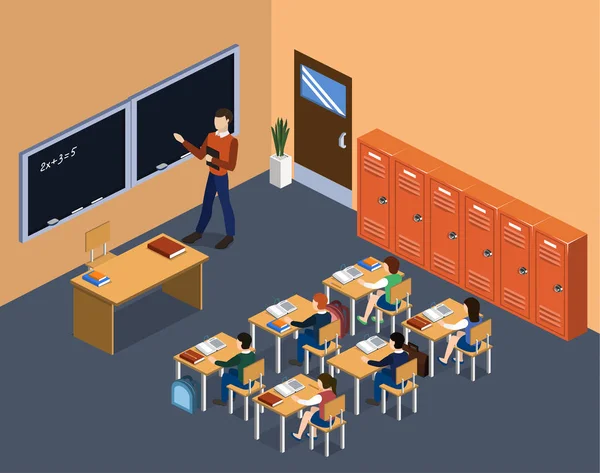 Ilustración Vectorial Isométrica Clase Interior Escuela Con Los Estudiantes — Vector de stock