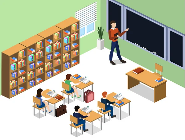 Ilustração Vetorial Isométrica Aula Interior Escola Com Alunos — Vetor de Stock