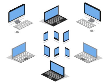 İzometrik teknoloji topluluğu: laptop, bilgisayar, akıllı telefon, tablet ve ebook okuyucu