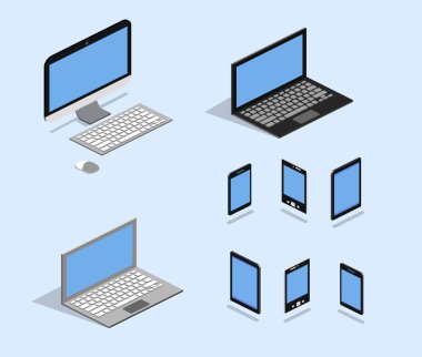 İzometrik teknoloji topluluğu: laptop, bilgisayar, akıllı telefon, tablet ve ebook okuyucu