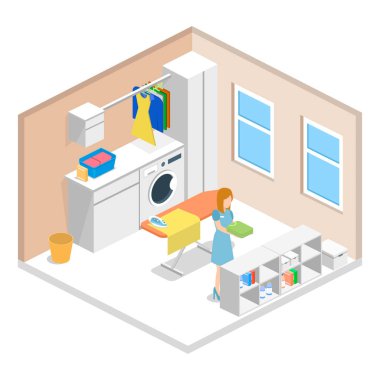 çamaşır makinesi ve demir izometrik 3d vektör çizim Oda Temizleme