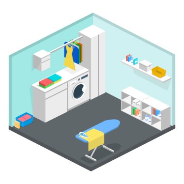 çamaşır makinesi ve demir izometrik 3d vektör çizim Oda Temizleme