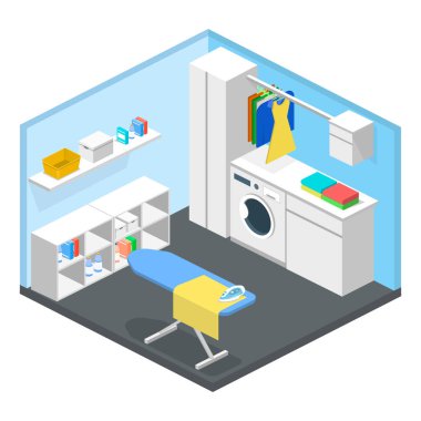 Çamaşırhane ile çamaşır makinesi ve demir izometrik 3d vektör çizim