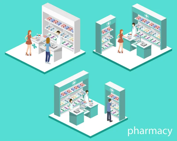 Farmacia tienda con los clientes — Vector de stock