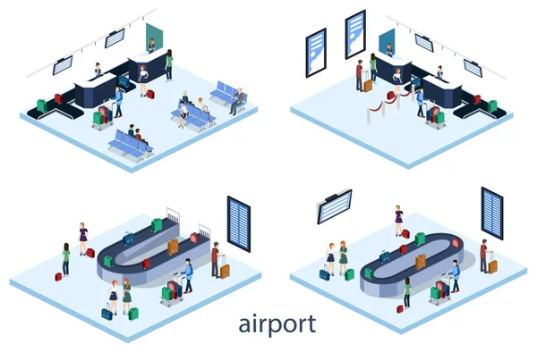 Personas Aeropuerto Con Equipaje Esperando Avión — Vector de stock