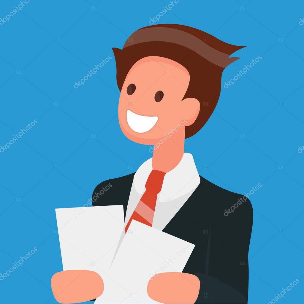 Cartoon smiling businessman with documents