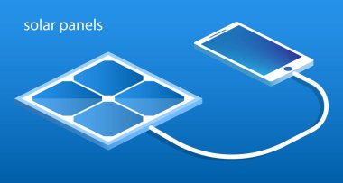 Güneş panelleri smartphone mavi zemin üzerine bağlanma