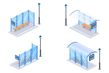 Modern Otobüs Durağı İniş sayfası vektörü izometrik 3d illu kavramı