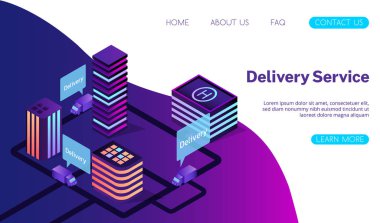 Isometric vektör akıllı şehir 3d illüstrasyon. Neon şehri, ağaçlar, yollar, ulaşım. 