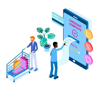 Çevrimiçi konsept alışveriş vektörü izometrik modern illüstrasyon.