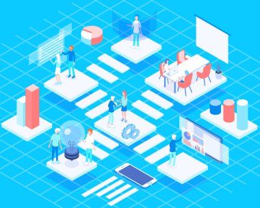İniş sayfasının Isometric 3d konsepti takım çalışması ve çalışma süreci vektör çizimi ile başlar