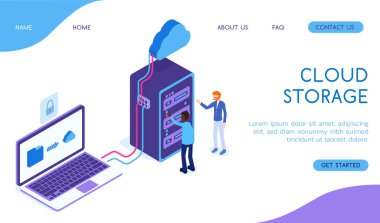 Modern konsept bulut saklama vektörü izometrik illüstrasyon.