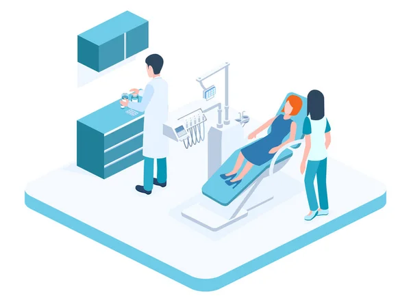 Conceito Odontológico Moderno Ilustração Isométrica Vetor Clínica — Vetor de Stock