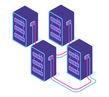 Sunucu vektörü izometrik 3d illüstrasyonlu modern sunucu odası.