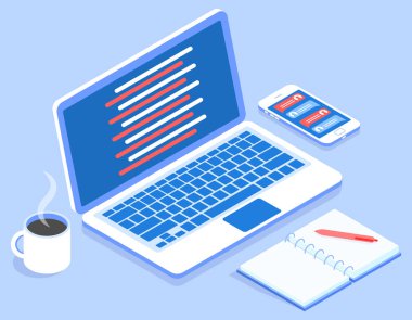 Dizüstü bilgisayar ve bir fincan kahve illüstrasyonuyla programlama için izometrik vektör çalışma alanı.