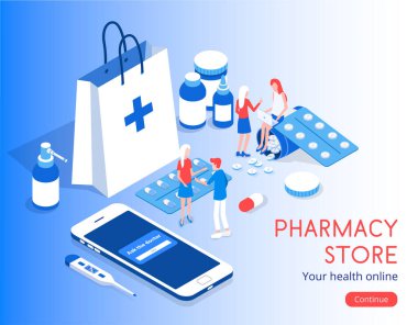 Hasta illüstrasyonlu modern vektör izometrik 3d Eczane.