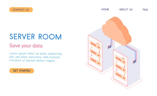 Moderna Sala Server Vettoriale Isometrico Con Illustrazione Cloud Server — Vettoriale Stock